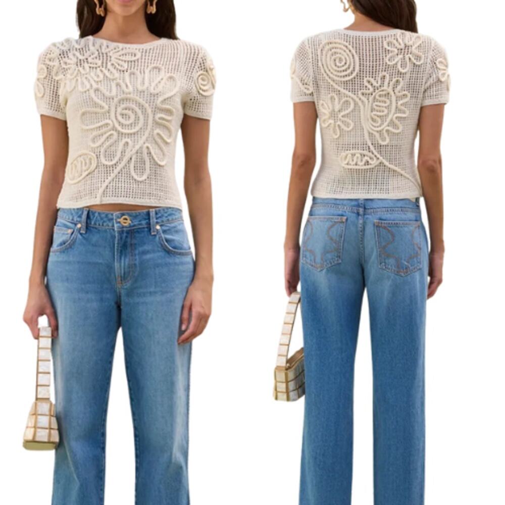 NWT Cult Gaia Ileana Floral Embroidery Short Sleeve Top Beige Size: Extra Large